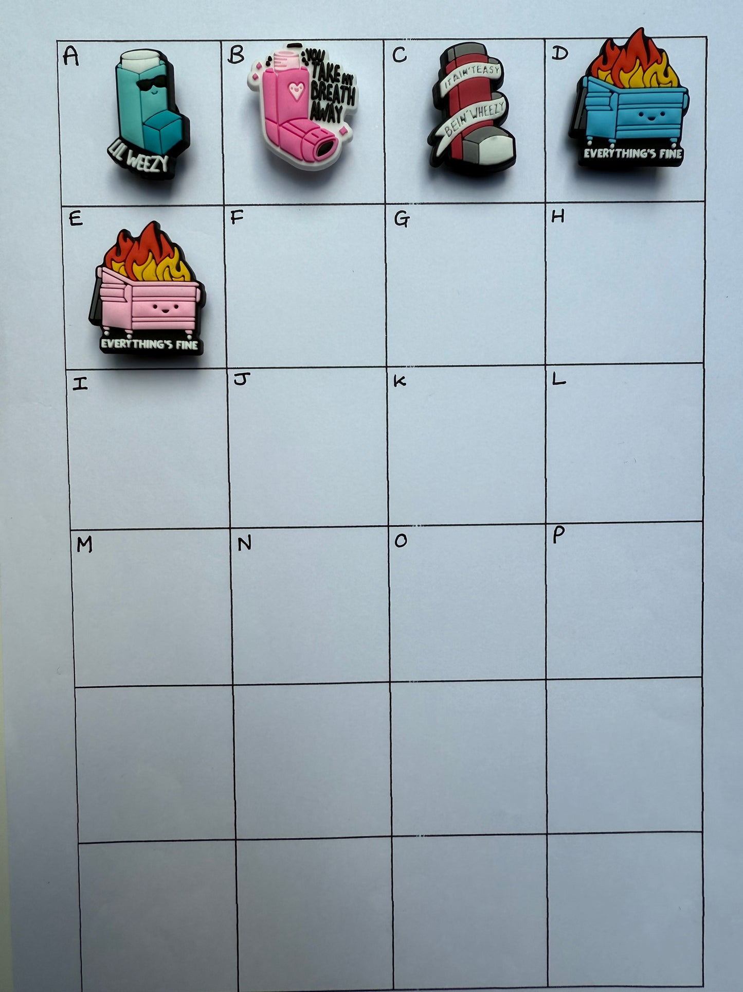 Asthma Inhaler & Dumpster everythings fine Shoe Charms